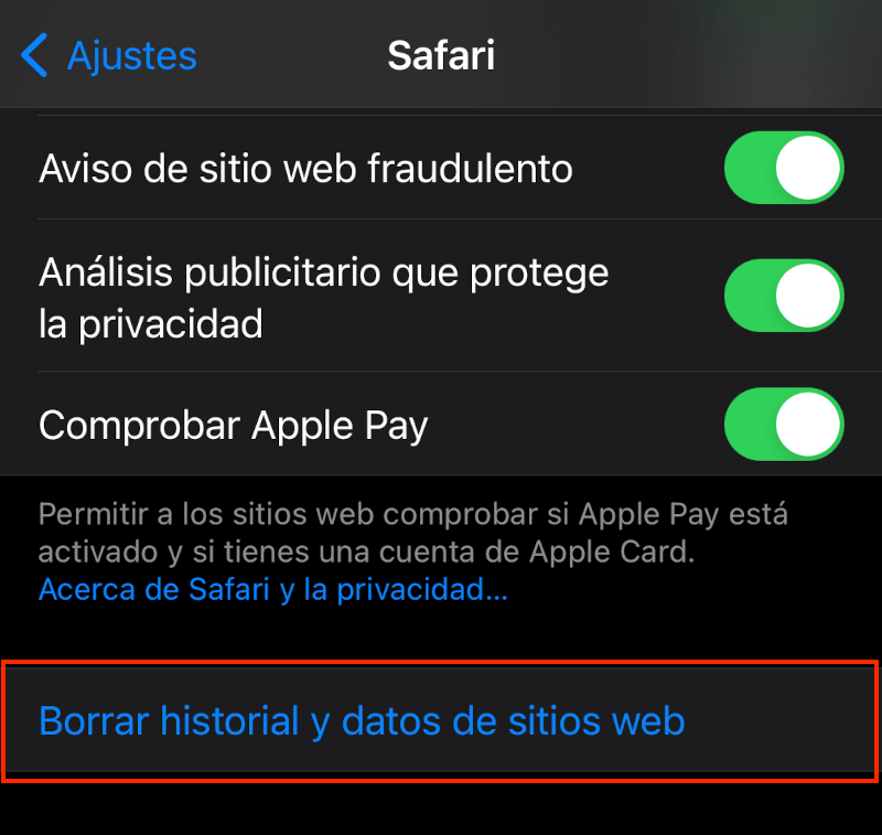 Borrar historial y datos de sitios web en iPhone Safari