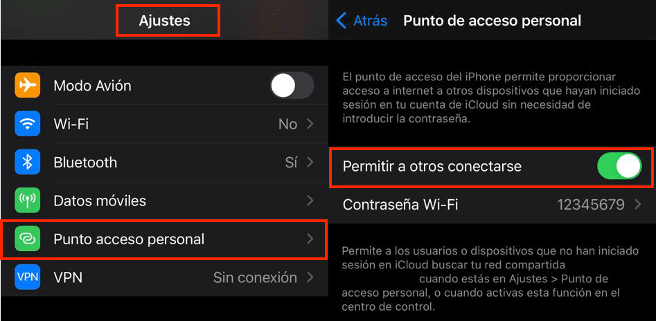 Activando en iPhone el punto de acceso personal