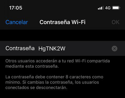 Estableciendo la contaseña WiFi del punto de acceso personal en el iPhone