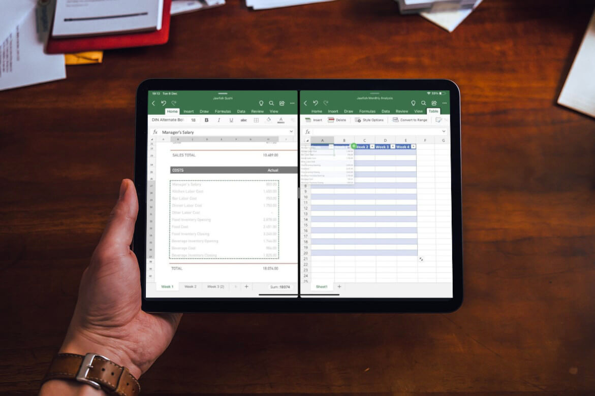 Excel para iPad con pantalla partida