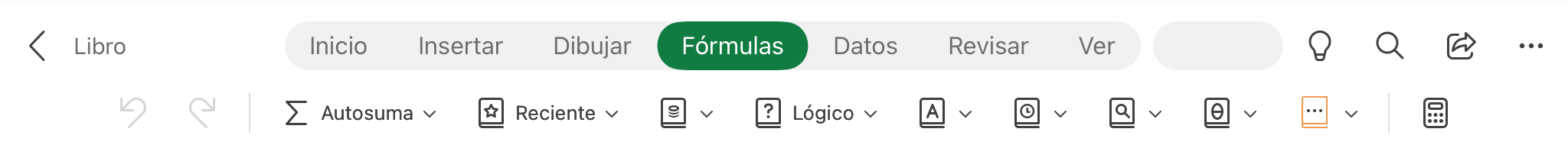 Pantallazo del menú de Fórmulas de Excel para iPad