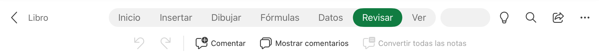 Pantallazo del menú de Revisar de Excel para iPad
