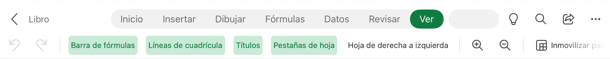 Pantallazo del menú de Ver de Excel para iPad