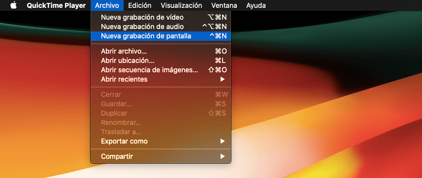 Item de menú para grabar la pantalla con Quicktime