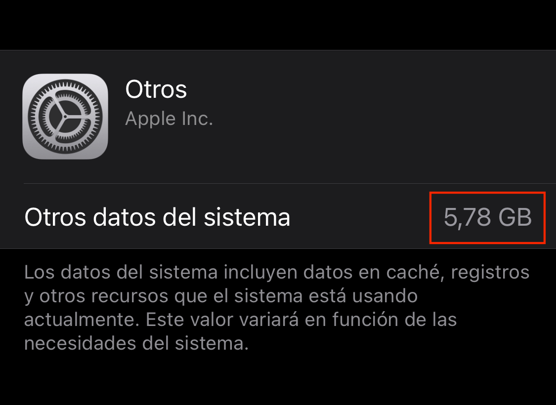 Espacio ocupado por Otros en el iPhone