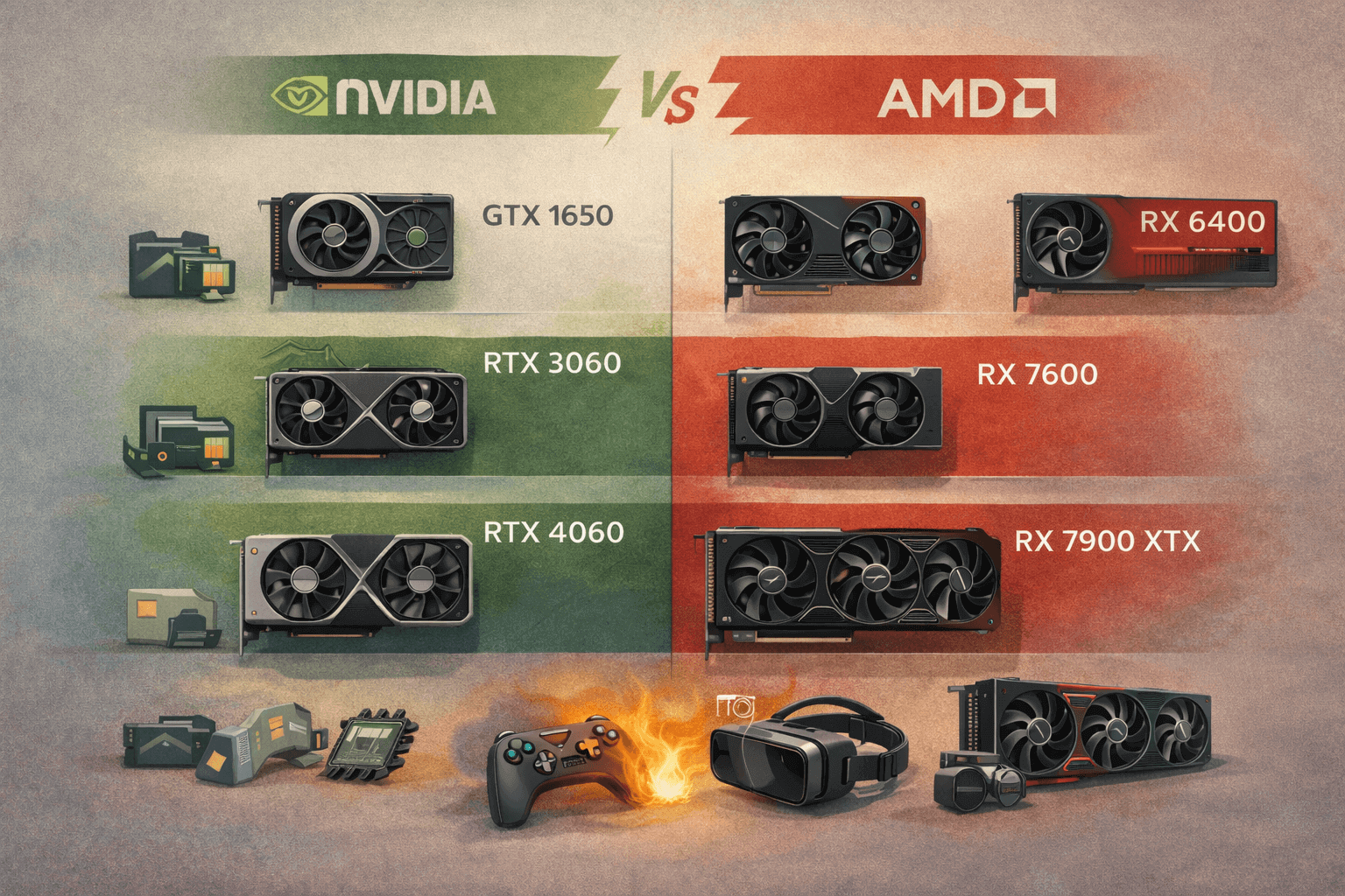 Ilustración comparativa GPUs AMD vs NVIDIA