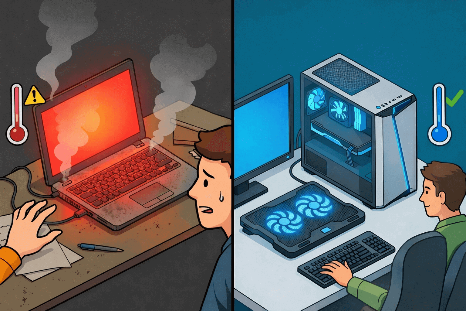 Ordenador sobrecalentado y ordenador enfriado (ilustración)