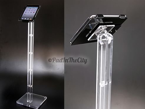 Adjustable floor stand for iPad on plexiglass