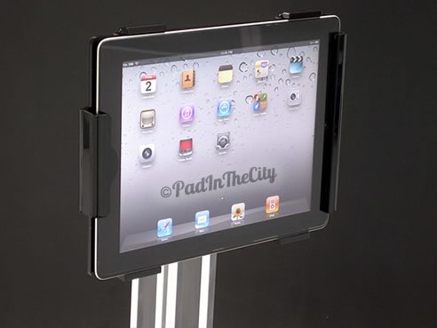 Adjustable floor stand for iPad on plexiglass